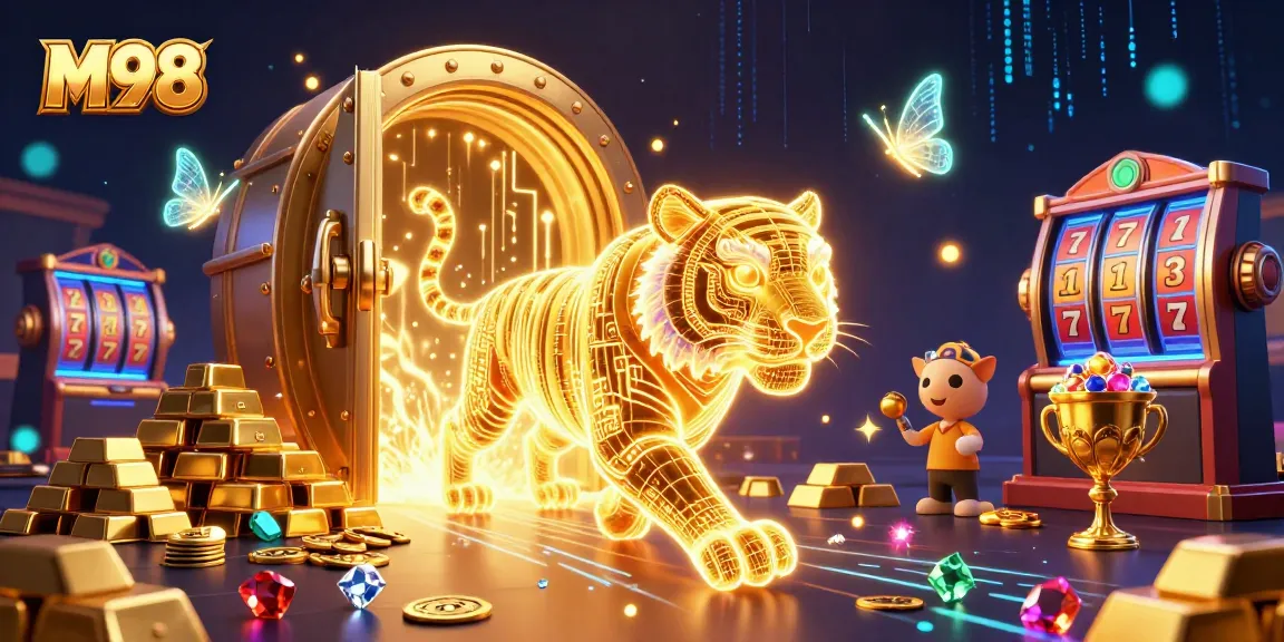M98 delivers thrilling gameplay with a vibrant neon-wireframe tiger amidst golden treasures in a digital casino scene.