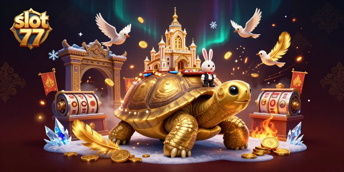 Engage with slot 77's vibrant casino scene featuring a golden tortoise, a rabbit dealer, and flying coins.