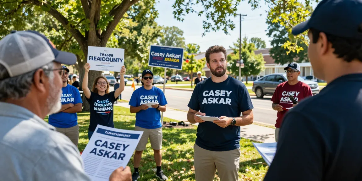 Casey Askar engaging with voters in a vibrant community park, showcasing genuine political interaction.