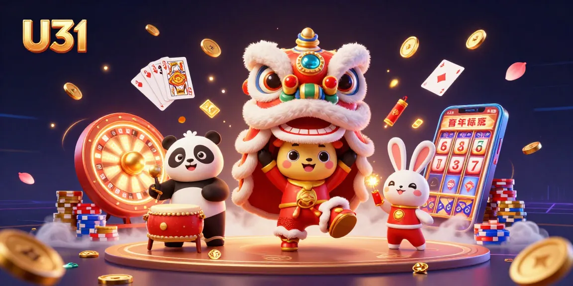 U31 offers lively gaming excitement, featuring cascading coins and vibrant characters in celebration.