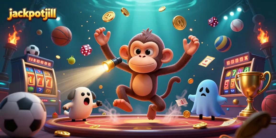 Experience jackpotjill's haunted casino thrills with a mischievous poltergeist monkey juggling gold.