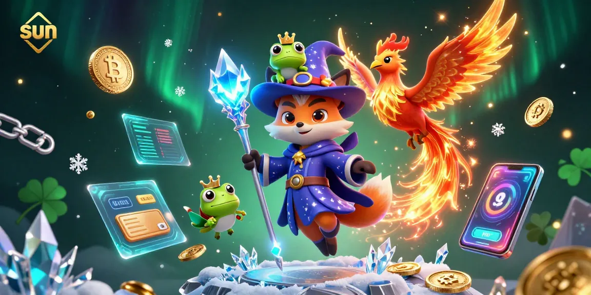 Experience thrilling gameplay with Sun's mystical wizard fox and phoenix in a vibrant casino scene.