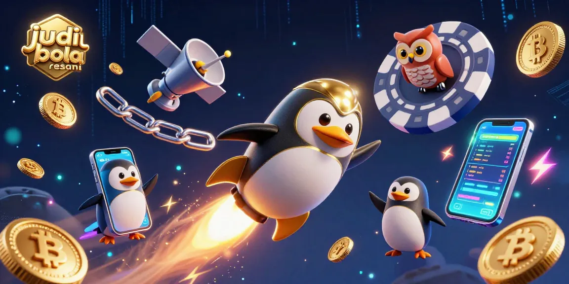 Engage with judi bola resmi through thrilling sports betting illustrated with vibrant penguin and casino visuals.